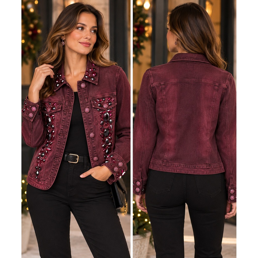 DG2 Womens XS Burgundy Jeweled Denim Jacket Rhinestone Whimsigoth Top Blouse